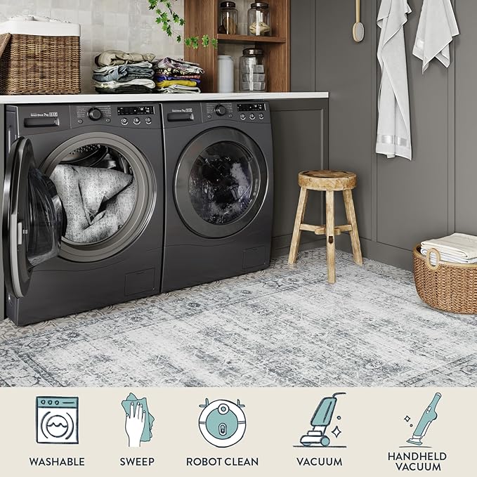 Lahome Vintage 5x7 Washable Grey Rugs for Living Room Bedroom, Soft Dining Room Rugs for Under Table, Non Slip Indoor Throw Carpet for Entryway Kitchen Office (5x7ft,Grey)