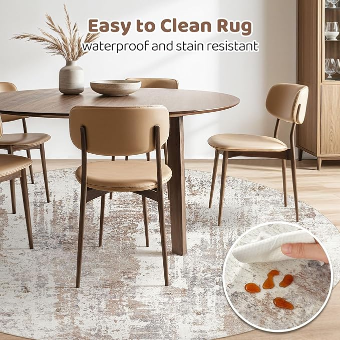 Round Rug Living Room Rugs: 7Ft Washable Circle Large Abstract Modern Soft Stain Resistant Non Slip Indoor Floor Carpet for Bedroom Nursery Office Dining Room Dorm Home House Decor- Brown