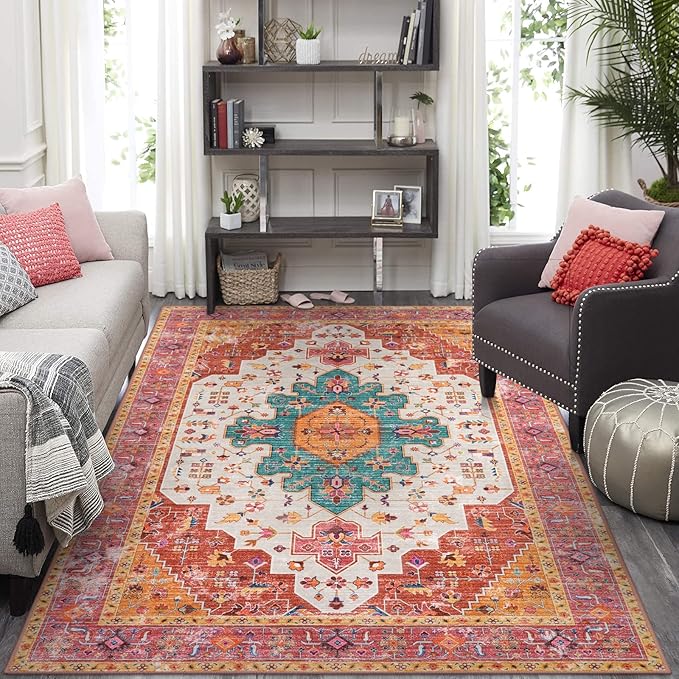 Moynesa Ultra-Thin Pink Area Rug - 8x10 Bedroom Living Room Rug Non-Slip Non-Shedding Nursery Mat, Indoor Oriental Medallion Floor Carpet for Dining Room Entryway Playroom