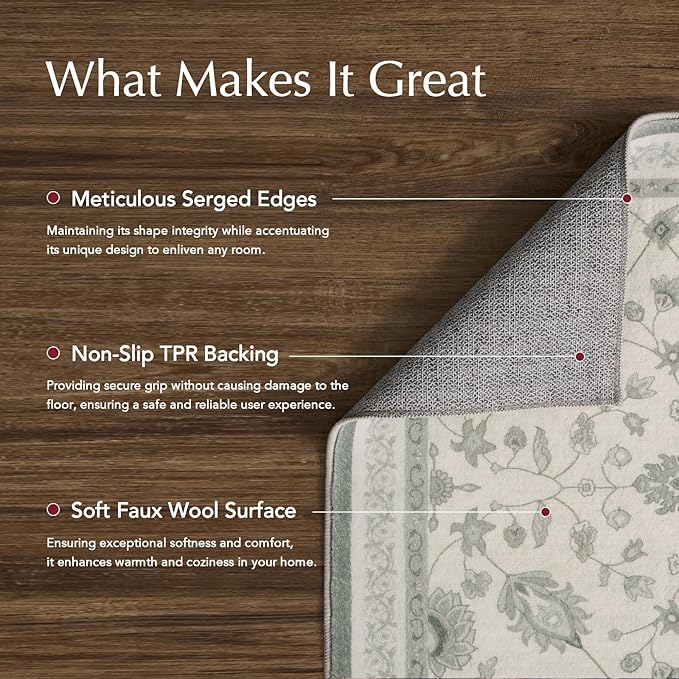 EVERGRACE Area Rugs for Living Room 5x7, Boho Floral Faux Wool Indoor Outdoor Rugs, Washable Rugs for Bedroom Dining Room Entryway Kitchen, Low Pile Floor Mat Carpet for Home Decor, Cool Gray