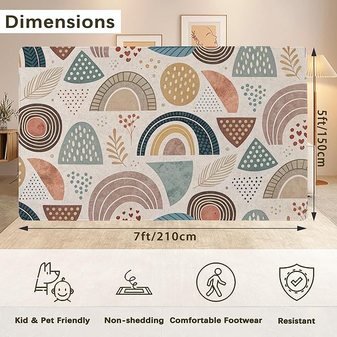 Bohemian Rainbow Washable 5x7 Area Rugs for Living Room, Thin Low Pile Contemporary Carpet, Non-Slip Base Lightweight Rug