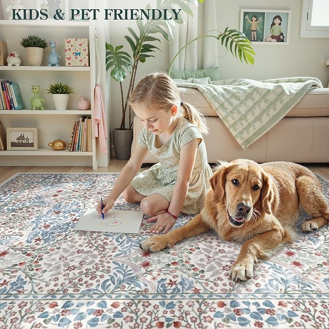 Lahome Floral Washable Rugs for Entryway, 2x3 Kitchen Rugs Non Slip Boho Soft Door Mat Indoor Entrance, Ultra-Thin Easy Clean Forest Design Small Throw Carpet for Bedroom Bathroom, Beige/Blue
