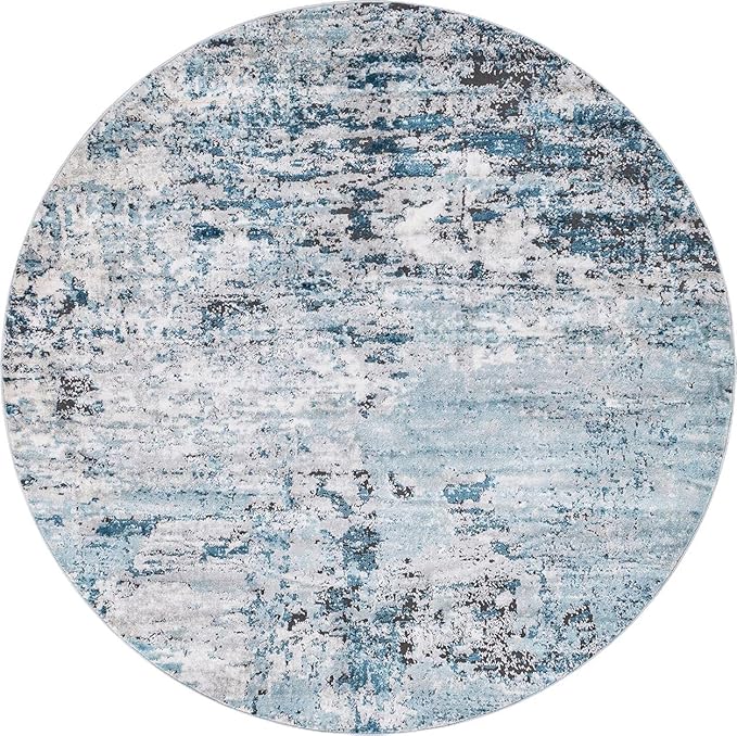 Rugs.com Leipzig Collection Round Rug – 7 Ft Round Blue Low-Pile Rug Perfect for Kitchens, Dining Rooms