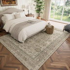 Washable 5x7 Area Rugs for Living Room, Boho Non-Slip Vintage Distress Rugs for Bedroom Dining Room Nursery Office, 0.3" Neutral Oriental Throw Thin Carpet with Cushioning Pad, Flaxen/Brown/Multi