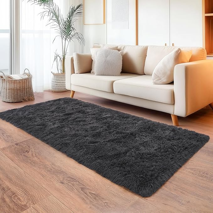 Fluffy Area Rugs for Living Room, Soft Shaggy Carpets for Living Room, Upgrade Anti-Slip Fuzzy Rugs for Kids' Room, Perfect Decor for Modern Home Charcoal 2x6 Feet
