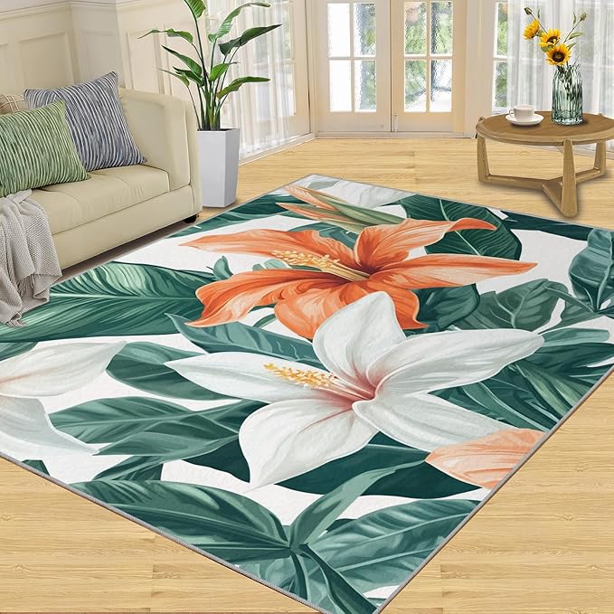 Lily Flowers Rugs for Bedroom - 4x5 Area Rug - Abstract 3D Flowers Rugs for Living Room, Tropical Plants Rug, Washable Home Decor Carpet