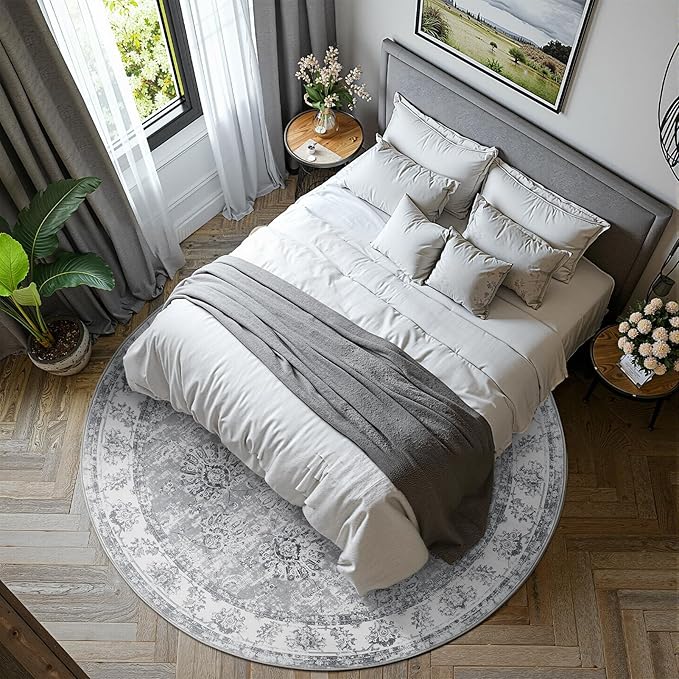 jinchan Fiora Round Rug 7ft Area Rug - Grey Vintage Floor Mat Indoor Ultra-Thin Soft Floral Print - Washable Circle 7' Retro Accent for Farmhouse Non Slip Dining Room Living Room Bedroom Office