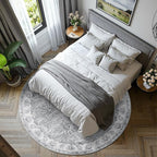 jinchan Fiora Round Rug 8ft Area Rug - Grey Vintage Floor Mat Indoor Ultra-Thin Soft Floral Print - Washable Circle 8' Retro Accent for Farmhouse Non Slip Dining Room Living Room Bedroom Office