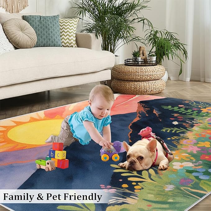 Boho Sun Area Rugs 6x9ft, Minimalist Line Fluffie Rugs for Living Room, Geometric Solar Nursery Rug with Under Rug Non Slip Tape for Bedroom Kids Room