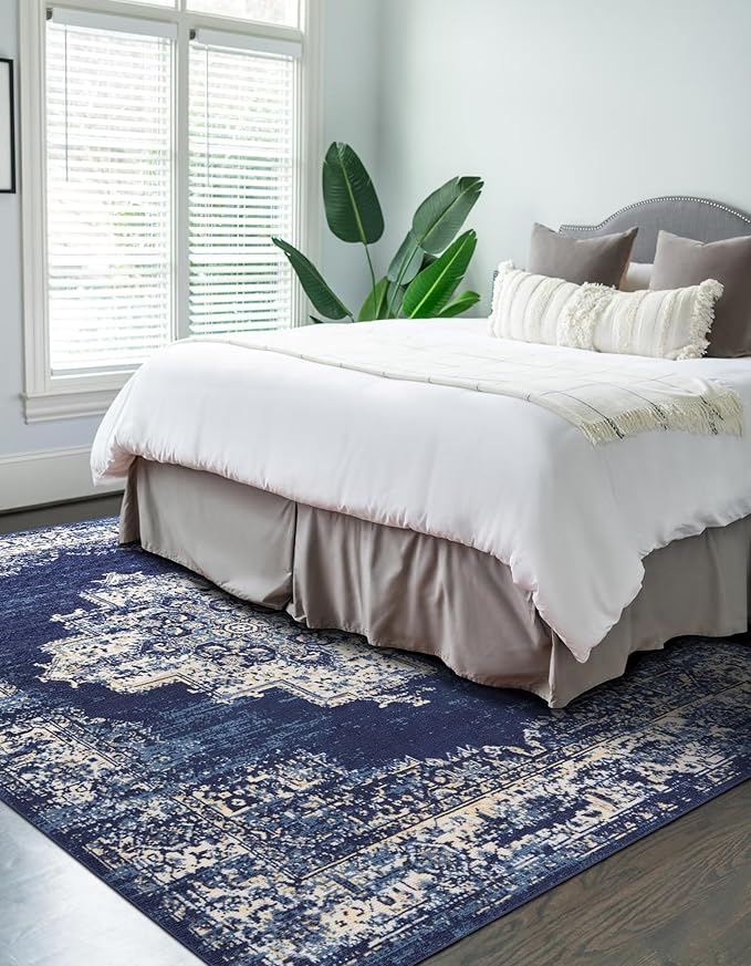 vivorug 9x12 Area Rugs for Living Room, Non Slip Machine Washable Vintage Navy Blue Rug, Ultra-Thin Lightweight Large Area Rug for Bedroom, Dining Room, Low Pile Rug