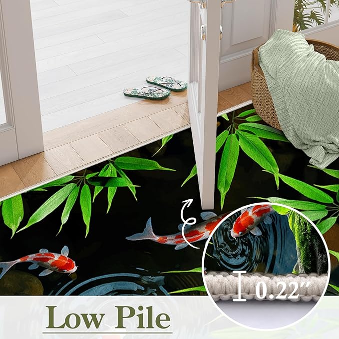 Pond Koi Fish Living Room Rug, 4x5ft, Summer Greenery Moss Stream Indoor Decor Carpet, with Non-Slip Backing Absorbent Thin Mat, Soft Easy Clean Washable Rugs for Office Entryway