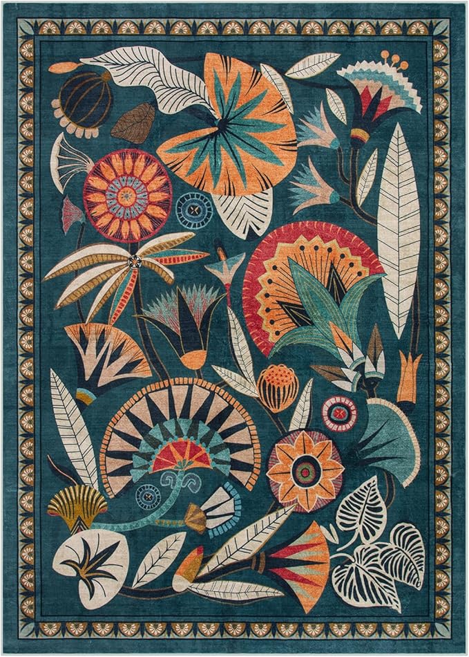 Boho Egypt Green Area Rugs for Living Room Bedroom, 5x7 Washable Large Dining Room Rug Non Slip, Floral Vintage Farmhouse Throw Carpet for Office Hardwood Floor Playroom (Dark Green,5 x 7)