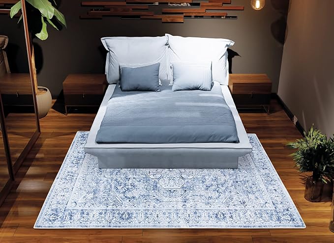 Bloom Rugs Washable Non-Slip 3' x 5' Rug - Ivory/Denim Blue Traditional Medallion Area Rug for Living Room, Bedroom, Dining Room, and Kitchen - Exact Size: 3' x 5'