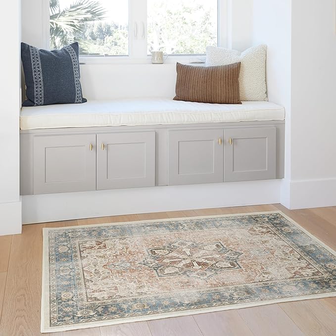 RUGGABLE Washable Vintage Area Rug – Kamran Coral 3x5, Stain-Resistant, Non-Slip – Small Machine Washable Rugs for Living Room, Bedroom, Hallway, Entryway & Office–with Cushioned Pad