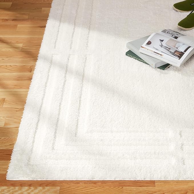 Town & Country Everyday Cloud Shag Plush Border Area Rug with High-Low Pile, Ivory, 6'6"x9'6"