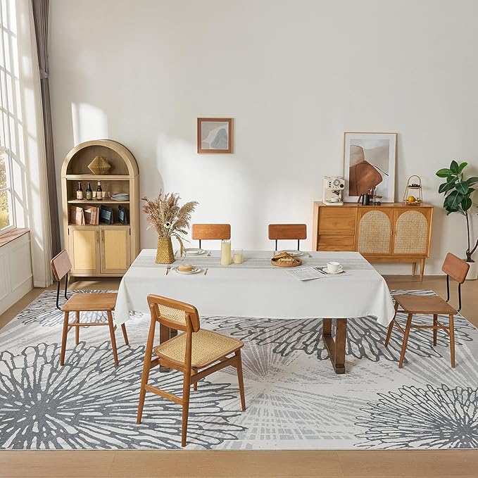 WITSHOCK 10x12 Washable Rug for Living Room,Modern Floral Distress Print Pattern Area Rugs,Stain Resistant with Non Slip Backing Carpet for Dining Room,Bedroom & Home Decor,Grey White