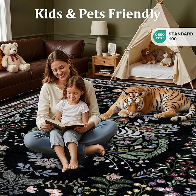 8x10 Area Rugs Living Room Rug: Vintage Washable Rug Floral Soft Carpet Indoor Floor Non-Slip Boho Stain Resistant Large Carpets for Bedroom Kids Nursery Dining Room Farmhouse Home Office Black