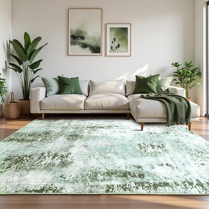 Washable Abstract Rug, 6x9 Modern Area Rugs with Non-Slip Rubber Backed for Living Room, Thin but Soft Contemporary Carpet Kitchen Bedroom Dining Room Decor, Green