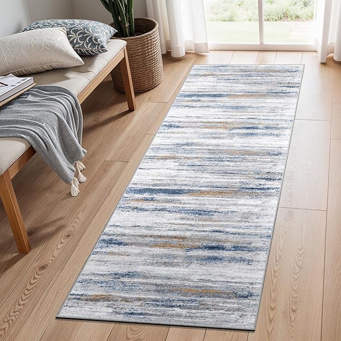 2x8 Washable Runner Rug for Family: Easy-to-Clean Runners for Hallway Entryway Bedroom - Stain and Water Resistant Rugs with Non-Slip Backing - Soft Low-Pile Carpet Navy Grey