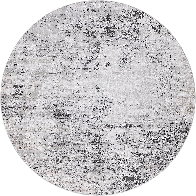 Rugs.com Leipzig Collection Round Rug – 6 Ft Round Grey Low-Pile Rug Perfect for Kitchens, Dining Rooms