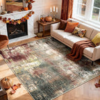 Washable Area Rugs 5'x7' Non-Slip Modern Abstract Soft for Living Room Entryway Bedroom Nursery, Print Pattern, Brown Rust Red Multi