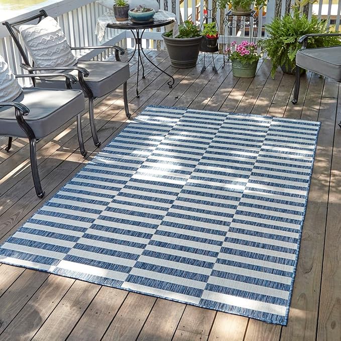 Unique Loom Outdoor Striped Collection Area Rug - Striped (10' x 14' Rectangle Blue/Ivory)