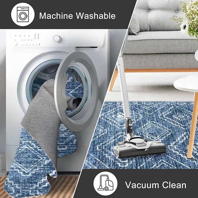 KILOCOCO Boho Entryway Rug 3x5 Area Rug Washable Non Slip Printed Throw Rugs Soft for Kitchen Living Room Dining Bedroom Geometric Moroccan Carpet, Stonewashed Blue