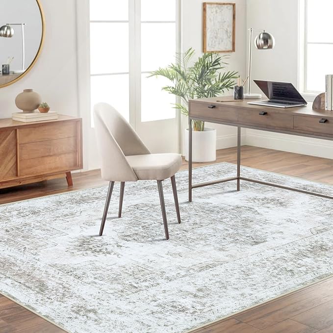 Area Rug 4x6 Vintage Rug, Machine Washable Vintage Distressed Medallion Rug Non-Slip Soft Low Pile Large Indoor Rugs for Bedroom Kitchen Dining Room Office(Taupe,4'x6')