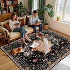 Area Rugs 7'x9' Washable Non-Slip, Floral Vintage Distress Print Pattern Medallion Carpet for Living Room Bedroom Dining Room, Black Colorful Floral Dark Tan