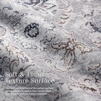 Phantoscope Washable Area Rug 9'x12' Non-Slip, Vintage Neutral Rugs for Living Room, Bedroom, Dining Room, Distressed Boho Floral Medallion Pattern, Low-Pile Foldable Floor Carpet, Light Grey/Neutral