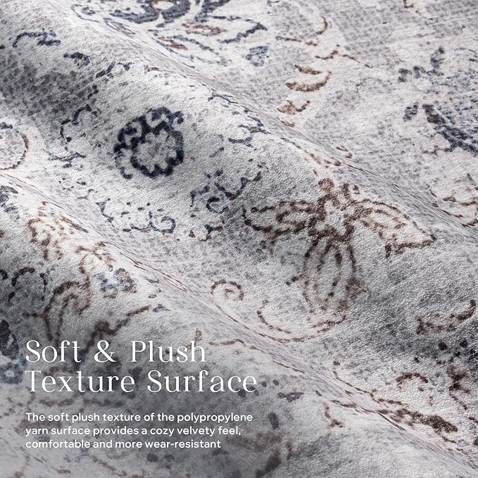 Phantoscope Washable Area Rug 9'x12' Non-Slip, Vintage Neutral Rugs for Living Room, Bedroom, Dining Room, Distressed Boho Floral Medallion Pattern, Low-Pile Foldable Floor Carpet, Light Grey/Neutral