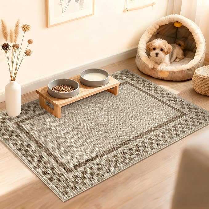 Small Area Rug 2x3 Modern Checkered Entry Rug Solid Color Scalloped Kitchen Rugs Washable Bedroom Doormat Non Slip Stain Resistant Bordered Throw Carpet for Living Room Nursery Laundry, Taupe