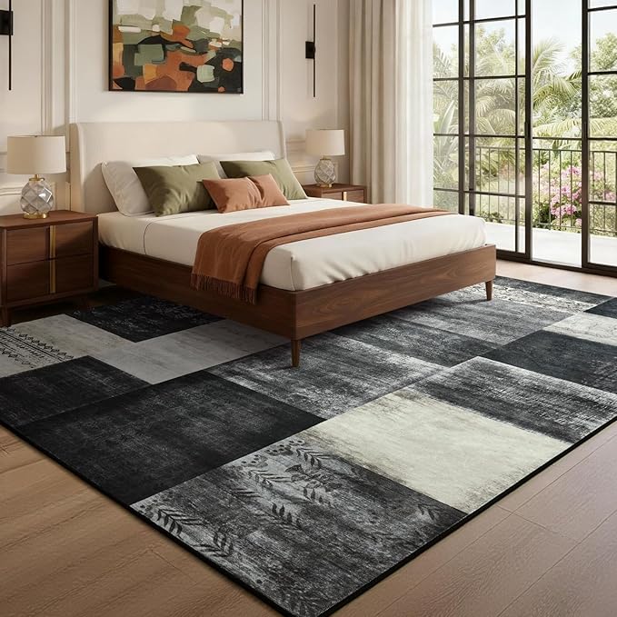 DweIke Washable Area Rugs for Living Room, 6x9 Large Bedroom Rugs, Geometric Non Slip Low Pile Indoor Throw Carpets for Bedroom Apartment Dining Room Home Office Hardwood Floor, Black and White