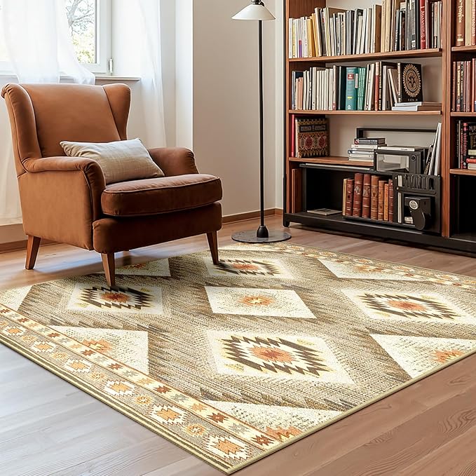 Area Rug 2x4 Rug Machine Washable Non-Slip Low Pile Print Pattern Western Rug for Living Room Bedroom Entryway Tribal Series-Cream/Camel