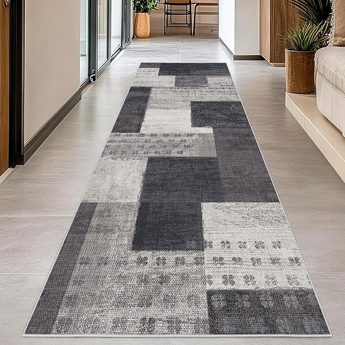 Modern Geometric Patchwork Indoor Runner Rug for Living Room, Charcoal 2.7'x 8' Rug Rockwood Collection Hardwood Floors Decor for Bedroom, Grey Throw Carpet for Office Entryway Dining Room