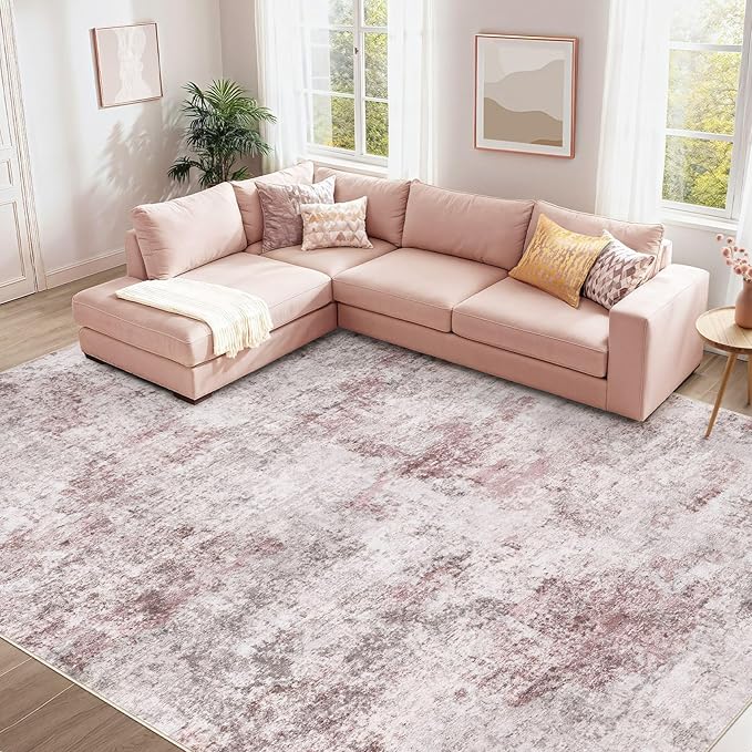 8x10 Area Rug Living Room Rugs - Washable Neutral Modern Abstract Soft Thin Large Rug Indoor Floor No Slip Rug Carpet for Bedroom Under Dining Table Home Office Decor - Pink
