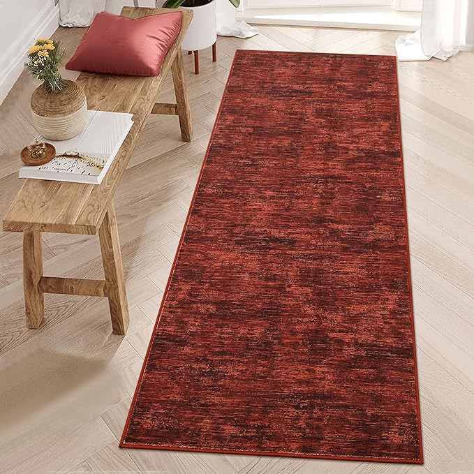 RUGSREAL Modern Runner Rug 2.5x8 Stain Resistant Washable Kitchen Runner Carpet with Rubber Backing Low Pile Contemporary Solid Color Entryway Mat Ultra Soft Rug for Living Room Bedroom, Red