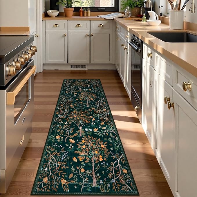 Morebes Boho Floral 2x6 Kitchen Runner Rug, Washable Rug Runners for Hallways Non Slip, Soft Botanical Flower Indoor Floor Carpet Runners for Bathroom Entryway Laundry Room, Dark Green