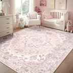 Area Rugs 5'x8' Washable Non-Slip, Floral Vintage Distress Print Pattern Medallion Carpet for Living Room Bedroom Dining Room, Pink Greypink Cute