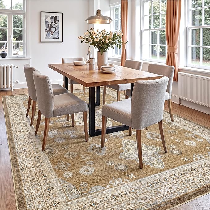 DEXI 10x14 Area Rug for Living Room, Washable Vintage Farmhouse Thin Rug Indoor Floor, Non Slip Stain Resistant Low Pile Carpet for Dining Room Bedroom Office, Light Brown