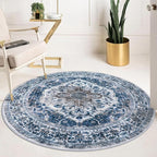 KOZYFLY Round Rug 5 Ft Rugs for Entryway Washable Circle Entrance Rug Non Slip Round Doormat Indoor Printed Faux Wool Round Front Door Mat Floor Carpet for Backdoor, Entryway, Bedroom, Blue