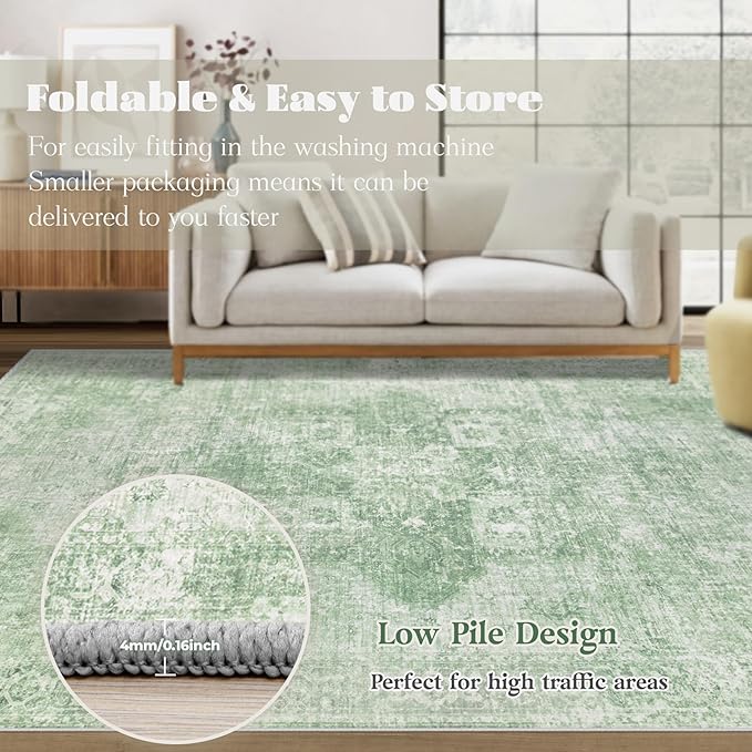 Area Rug 8x10 Washable Rug, Vintage Boho Medallion Rugs Non-Slip Soft Low Pile Large Distressed Rug Indoor Retro Carpet for Living Room Bedroom Dining Room Home Office (Sage Green, 8'x10')