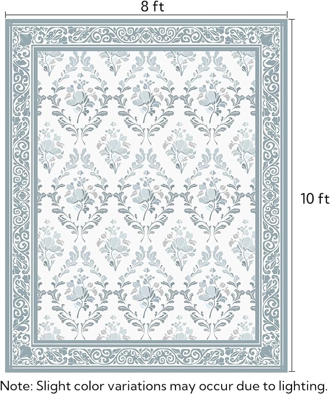 SOULFUL Medium Pile 8x10 Rugs for Living Room - Soft Underfoot Large Area Rug - Mist Blue Boho Floral - Washable Non-Slip - Perfect for Bedroom Kids Room Under Dining Table Office