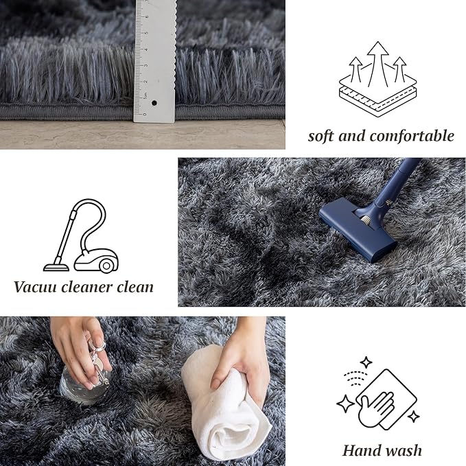 8x10 Area Rugs for Living Room Bedroom, Soft Fluffy Shaggy Bedside Rug, Indoor Floor Carpet for Kids Playroom, Dorms, Nursery Rooms, Home Decor (Tie-Dyed Dark Grey 8'x10')