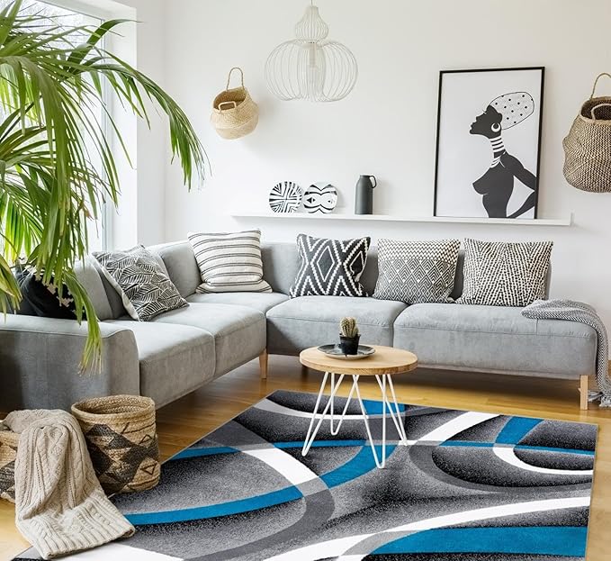 Persian Area Rugs Turquoise 8x10 2305 White Swirls 7'10 x10'6 Modern Abstract Area Rug, 8' x 10'