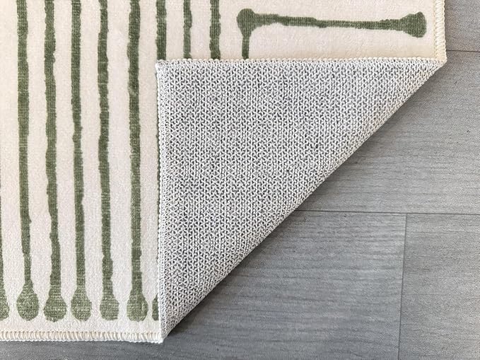 GLN Rugs Contemporary Collection - Machine Washable Area Rug, Contemporary Washable, Non Slip, Low Pile Chenille Rug, Living Room, Bedroom, Kitchen Rug (2'6" x 7' Green Beige)