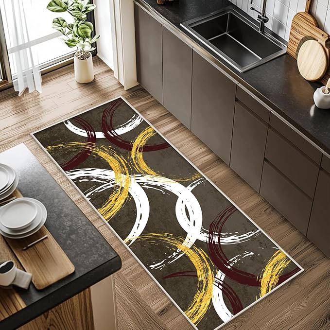 Gold White Red Circle Pattern Runner Rug, 2x6ft Washable Hallway Entrance Rugs - Corridor & Foyer Long Accent Rug, Modern Stylish Decor Carpet for Home Runner Non-Slip Mat