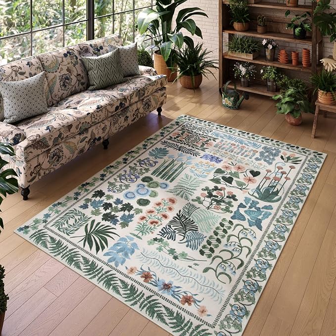 Floral Boho 5x7 Area Rugs for Bedroom Living Room, Botanical Soft Dining Room Rug, Large Non Slip Stain Resistant Indoor Throw Carpet for Entryway Kitchen Office Playroom (Beige,5 x 7)