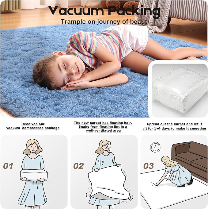 Blue Area Rugs 9x12 Living Room Bedroom, Fluffy Large Rug Soft Shag Non-Slip Carpet for Kids Boys and Girls Room Dorm Home Decor (9ft x 12ft)