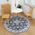 VK VK·LIVING Round Washable Rug 5'Ft Vintage Machine Washable Area Rugs with Non Slip Round Rugs for Living Room Bedroom Traditional Woven Carpet Stain Resistant Dining Home Office Boho Rug (Navy)